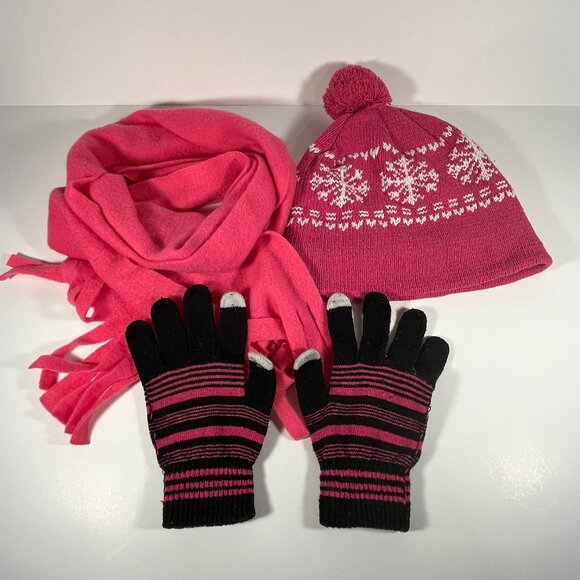 Pink Winter Wear Set (3 Pieces: Pink Hat, Pink Scarf, and Pink/Black Gloves) - Picture 1 of 2